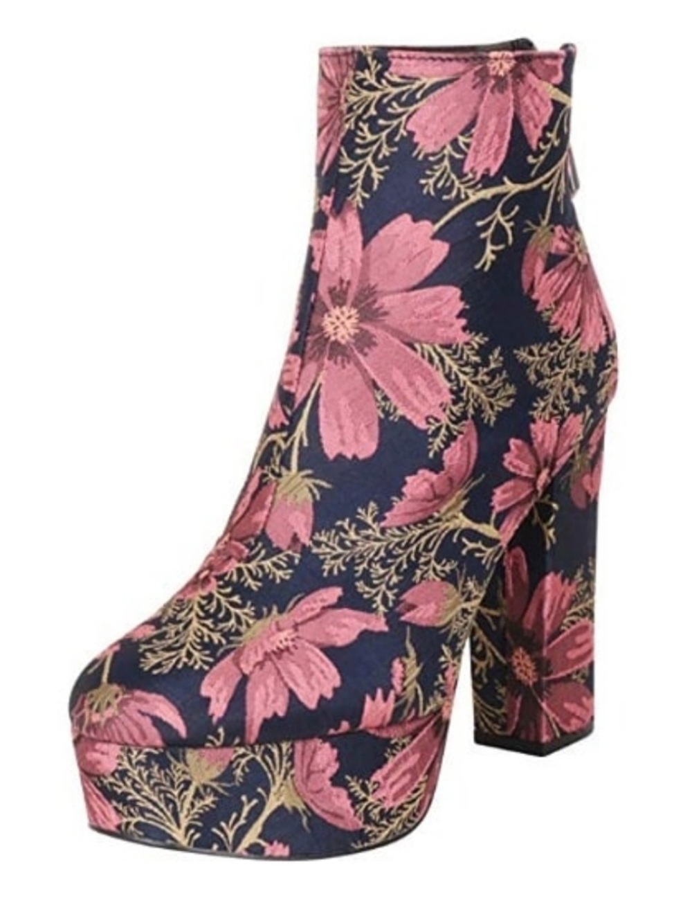 Women’s Midnight Bloom Navy Blue and Pink Floral Platform Ankle Boots Sz 7.5